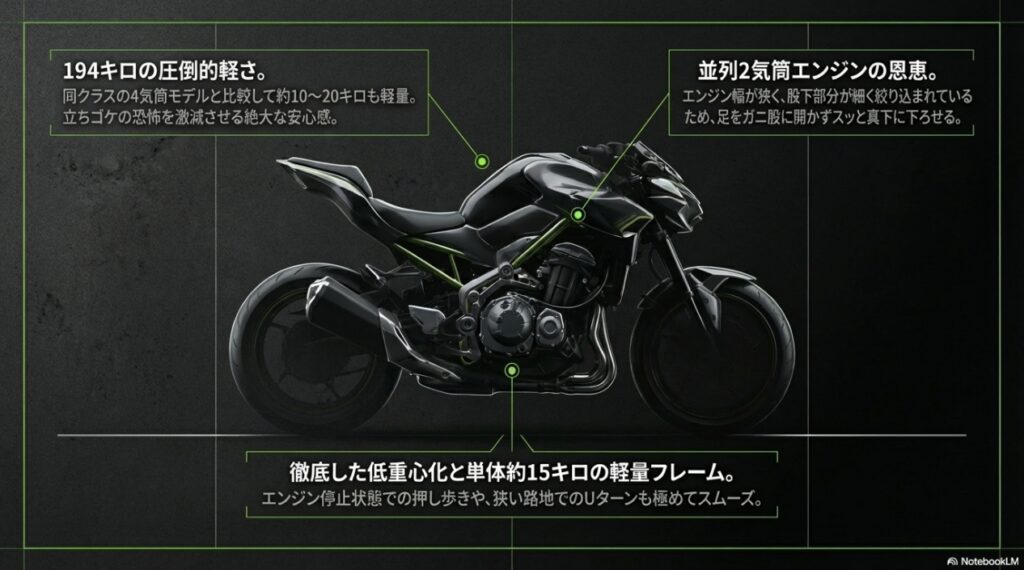 194kgの圧倒的軽さと並列2気筒エンジンの恩恵、軽量フレームの解説