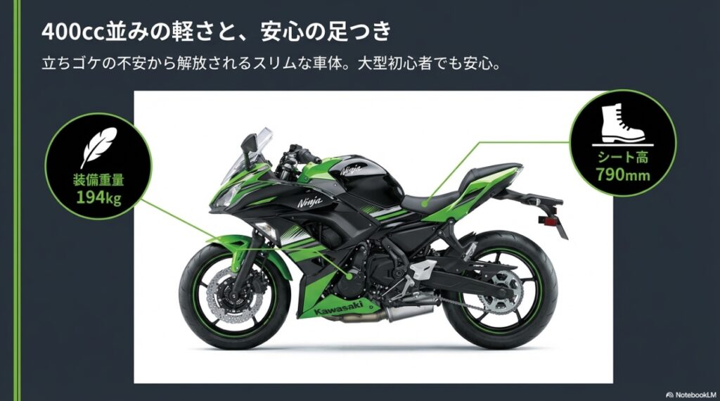 400cc並みの軽さと、安心の足つき 装備重量194kg シート高790mm 立ちゴケの不安から解放されるスリムな車体
