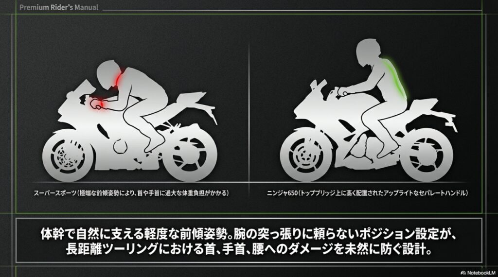 スーパースポーツとニンジャ650のアップライトな乗車姿勢の比較