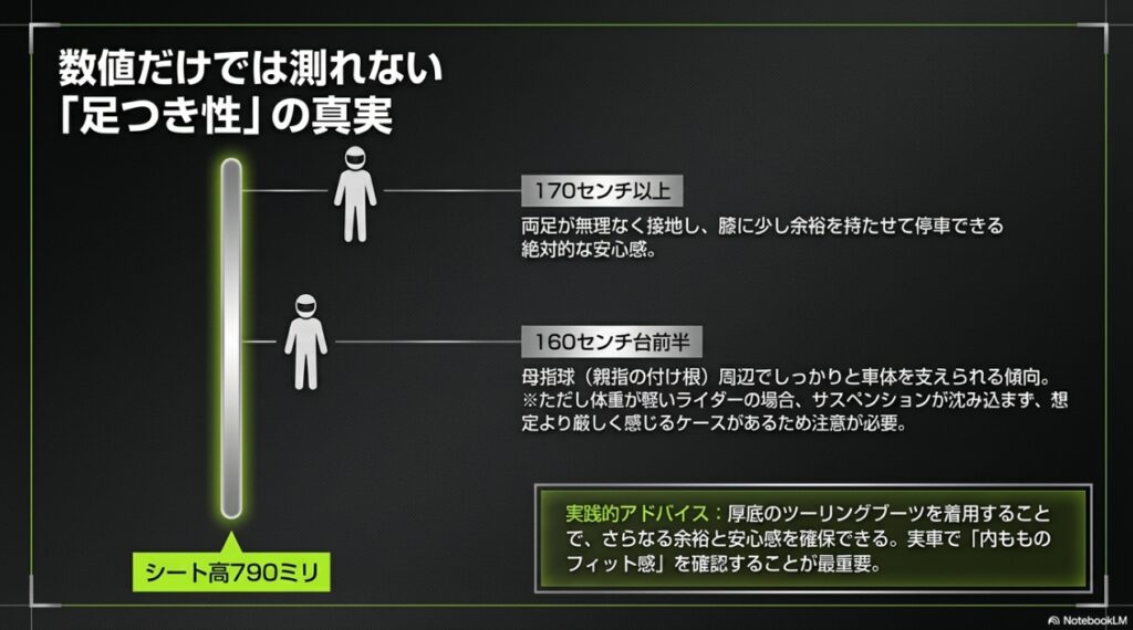 シート高790mmの真実と170cm以上・160cm台前半の足つき性の違い