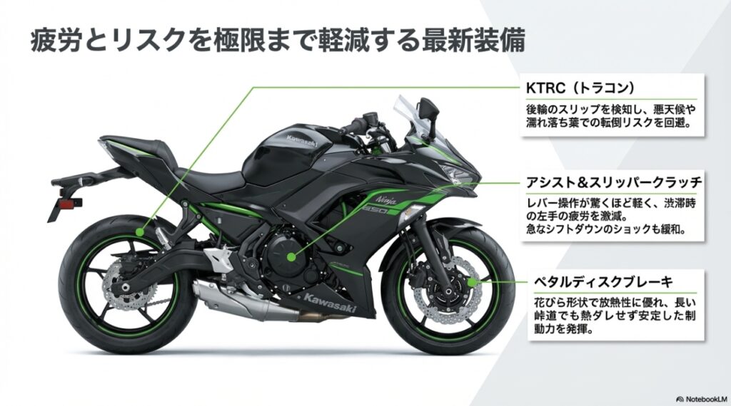 KTRC（トラクションコントロール）、アシスト＆スリッパークラッチ、ペタルディスクブレーキなど、疲労と転倒リスクを軽減する最新装備の配置図