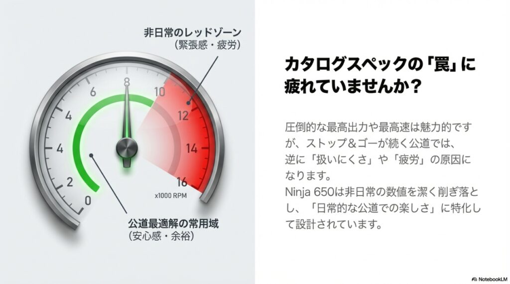 ニンジャ650のタコメーターが示す、非日常のレッドゾーンでの緊張感と公道最適解の常用域での安心感の比較