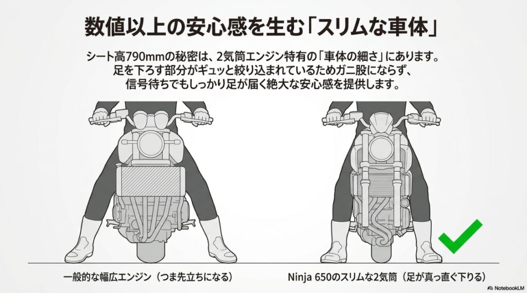 一般的な幅広エンジンでのガニ股状態と、Ninja 650のスリムな2気筒エンジンによる足が真っ直ぐ下りる足つき性の違い