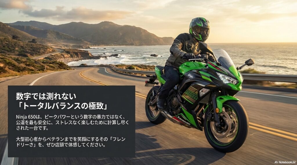 Ninja 650が公道を最も安全にストレスなく楽しむために計算し尽くされた「トータルバランスの極致」であることのまとめ