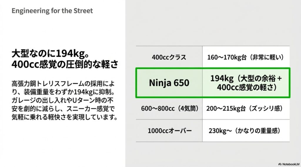 高張力鋼トレリスフレームによる194kgの圧倒的な軽さと、他排気量クラスとの車両重量の比較