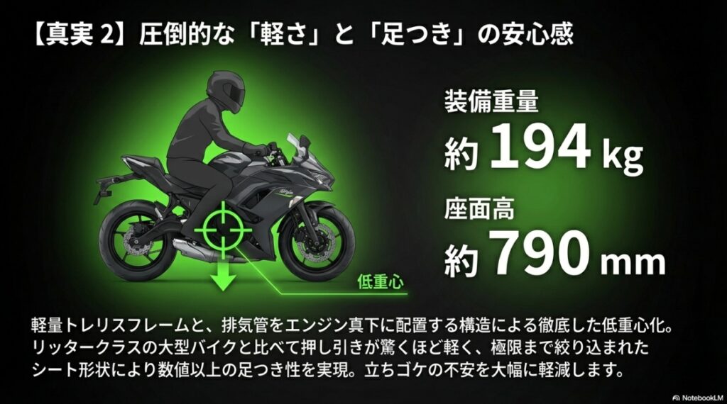 装備重量約194kgの軽さと、座面高約790mmの低重心設計によるNinja 650の足つきの安心感