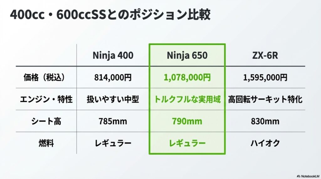 ニンジャ650の値段に隠された真実!新車価格と中古相場から読み解く最強のコスパと維持費 Ninja 400、Ninja 650、ZX-6Rの価格、エンジン特性、シート高、指定燃料の比較表