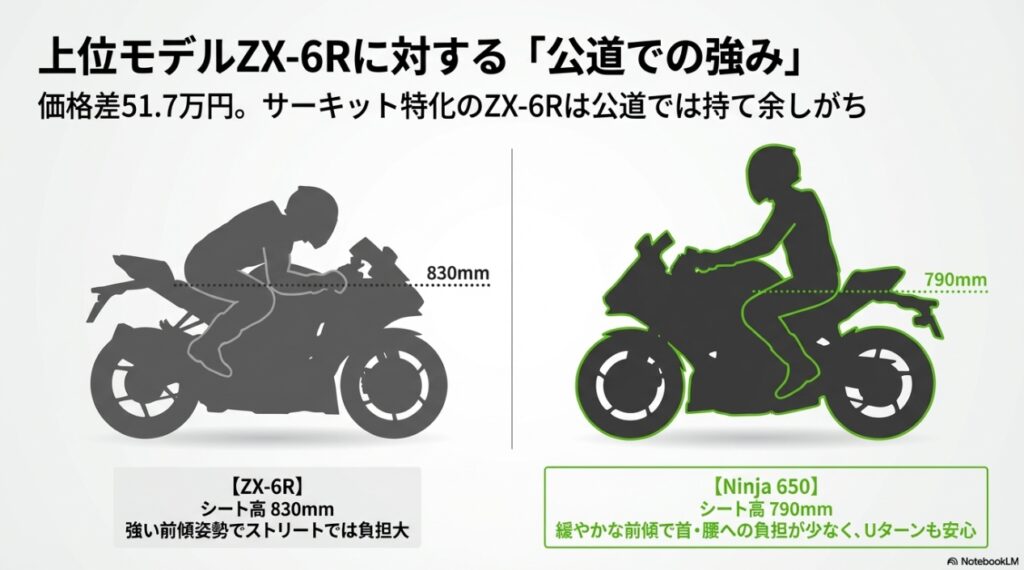ニンジャ650の値段に隠された真実!新車価格と中古相場から読み解く最強のコスパと維持費 シート高830mmのZX-6Rとシート高790mmのNinja 650のライディングポジション比較