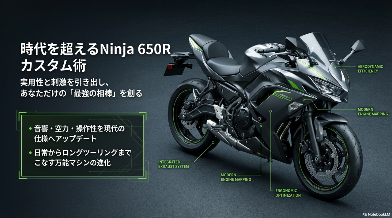 時代を超えるNinja 650R カスタム術。実用性と刺激を引き出し、最強の相棒を創るための設計図