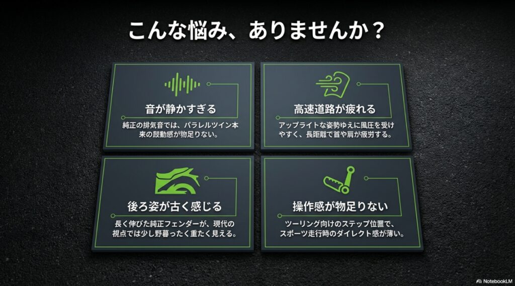 Ninja 650Rオーナーのよくある悩み。排気音が静かすぎる、高速道路が疲れる、後ろ姿が古く感じる、操作感が物足りない