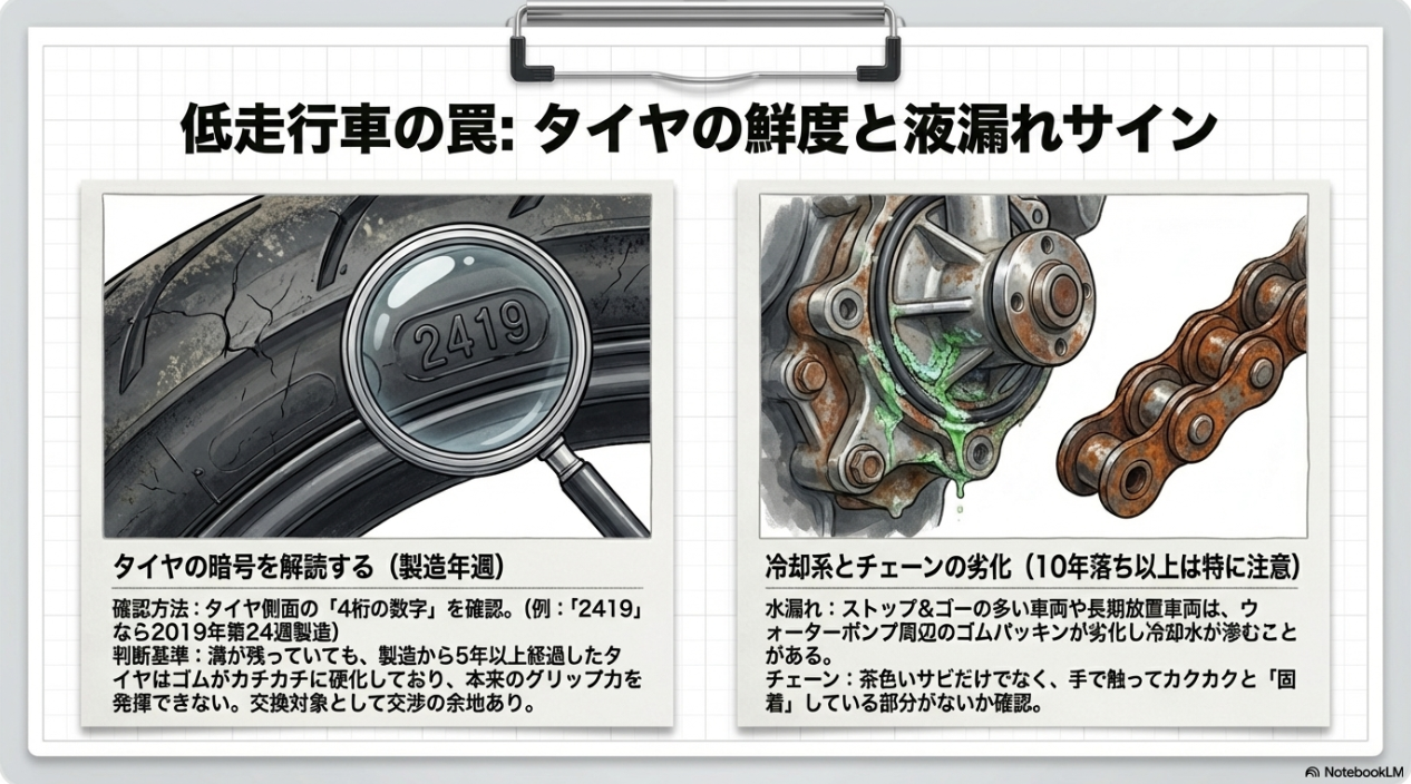 タイヤの製造年週を示す4桁の数字、ウォーターポンプの液漏れ、チェーンのサビを拡大して警告するイラスト