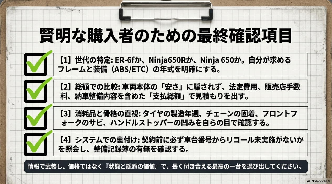 世代の特定、総額での比較、消耗品の直視、システムでの裏付けという購入前の4つの最終確認項目リスト