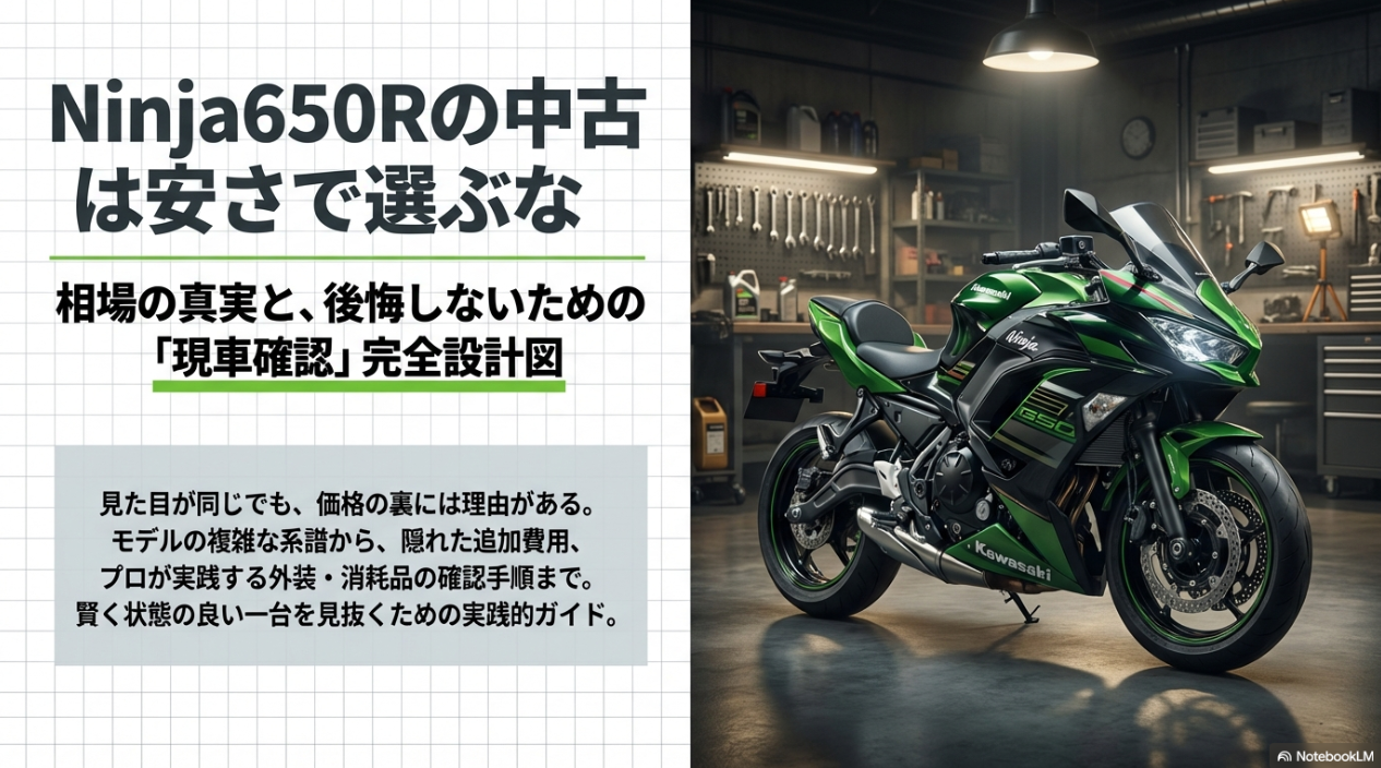 ガレージに停められたグリーンのNinja 650と「Ninja650Rの中古は安さで選ぶな 相場の真実と後悔しないための現車確認完全設計図」のタイトル文字