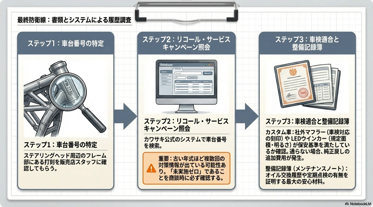 車台番号の特定、リコール検索画面、車検適合と整備記録簿の確認という3つのステップを示す図解
