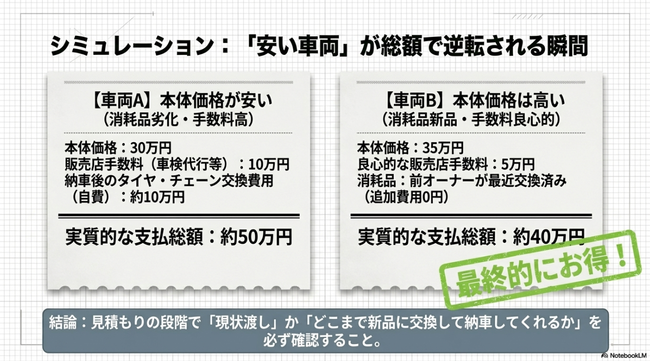 本体価格が安い車両と高い車両で、整備費や消耗品代を含めた最終的な支払総額が逆転する様子を比較したシミュレーション図