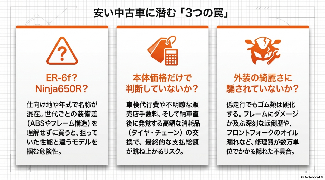 名称の混在、支払総額の跳ね上がり、隠れた不具合など、安い中古車に潜む3つの罠を示すアイコンと図解
