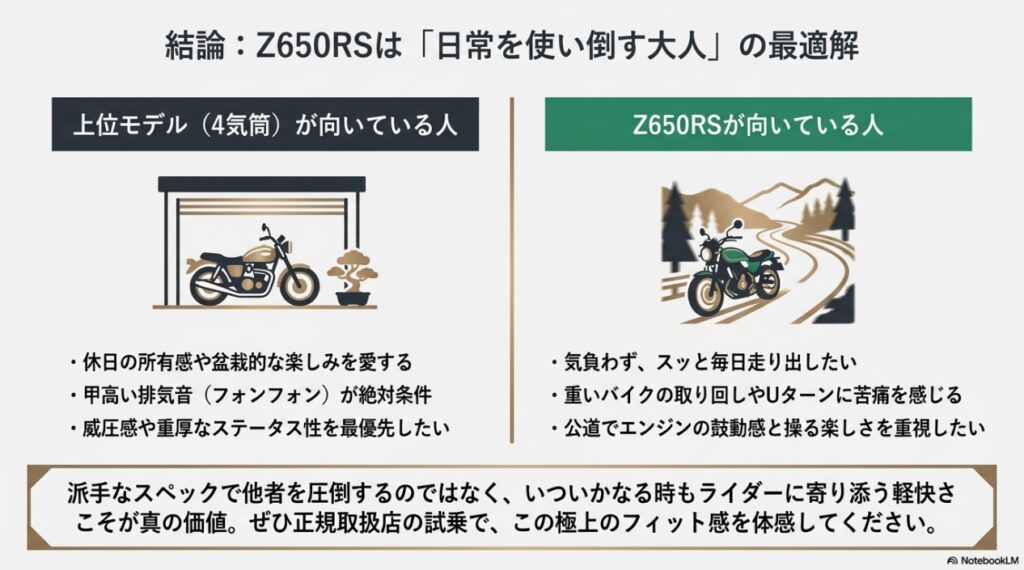 Z650RSと上位モデルが向いている人の違い。派手なスペックではなくいついかなる時も寄り添う軽快さこそがZ650RSの真の価値