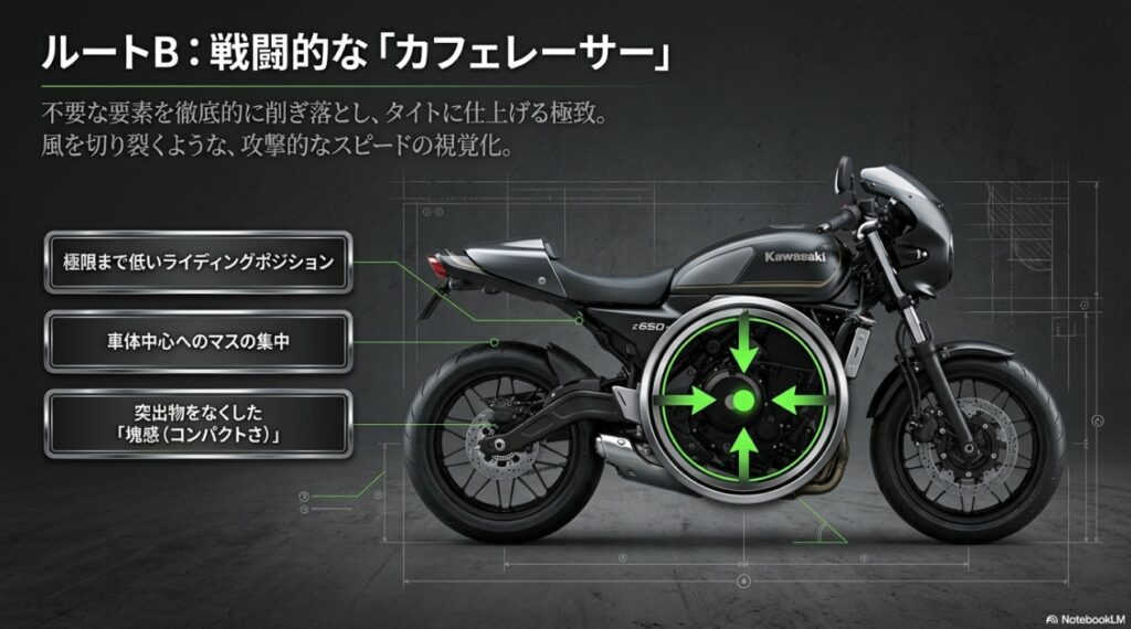 極限まで低いライディングポジションとマスの集中化を実現したZ650RSのカフェレーサースタイル