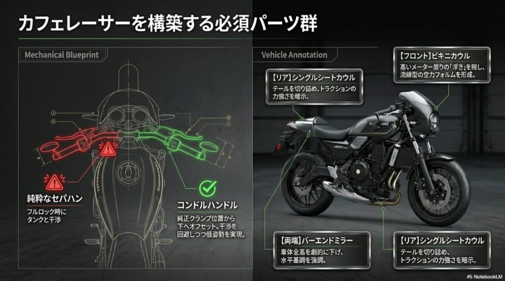 Z650RSカフェレーサー構築パーツ（コンドルハンドルによるタンク干渉回避、ビキニカウル、バーエンドミラー、シングルシートカウル）