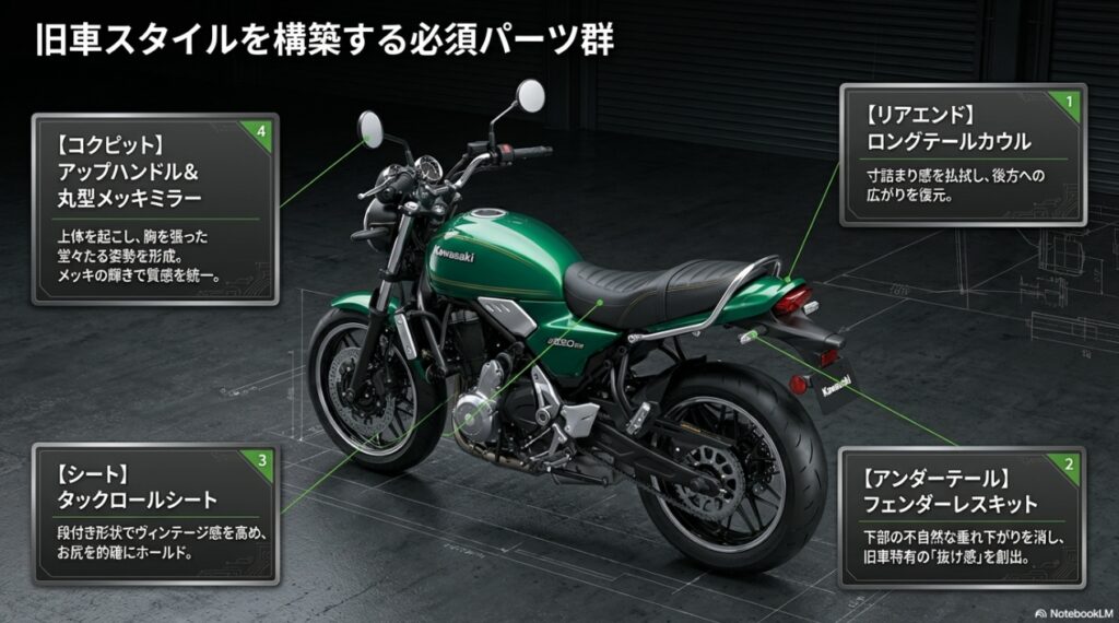 Z650RS旧車スタイル構築のための必須パーツ群（アップハンドル、ロングテールカウル、タックロールシート、フェンダーレスキット）
