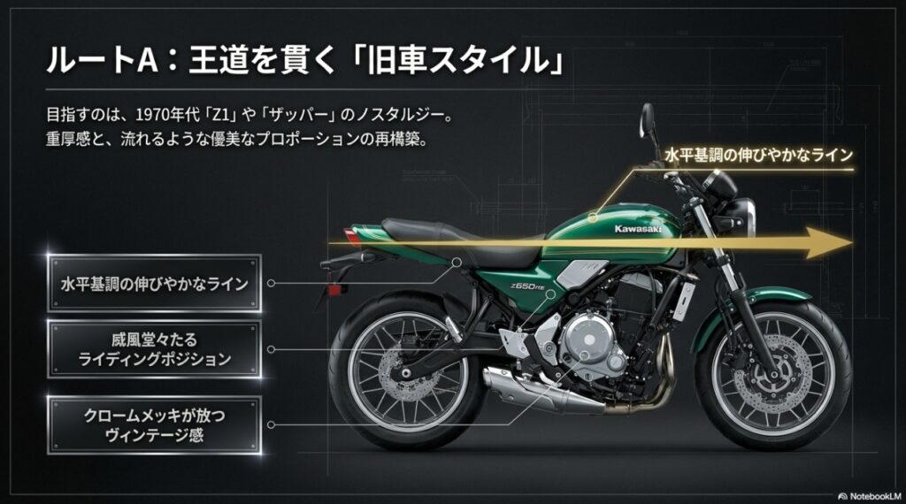 水平基調の伸びやかなラインと重厚感を持つ、Z650RSの王道旧車スタイル