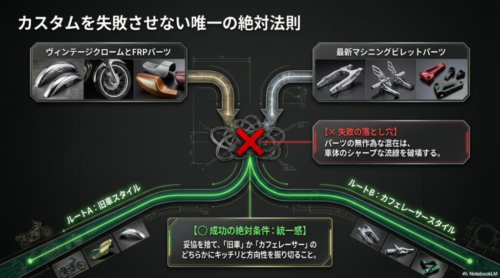 カスタムを失敗させない法則。旧車スタイルかカフェレーサースタイルか、方向性を統一することの重要性。