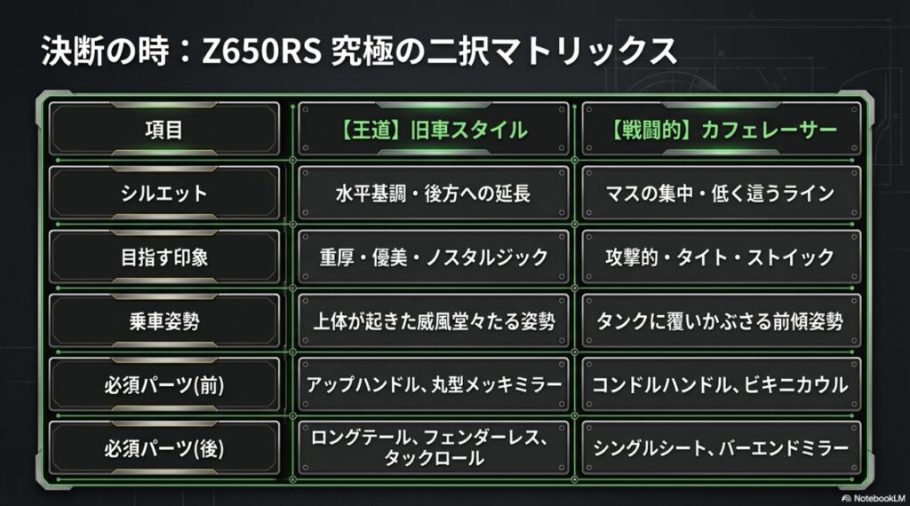 Z650RS旧車スタイルとカフェレーサースタイルのシルエット、乗車姿勢、必須パーツの比較表