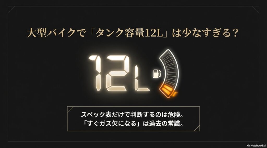 大型バイクでタンク容量12Lは少なすぎるという過去の常識に対する問題提起