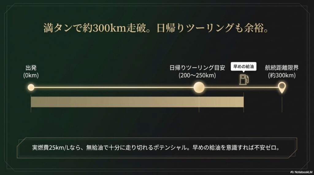 満タン12Lで約300kmの航続距離があり、早めの給油を意識すれば日帰りツーリングも余裕であることの図解