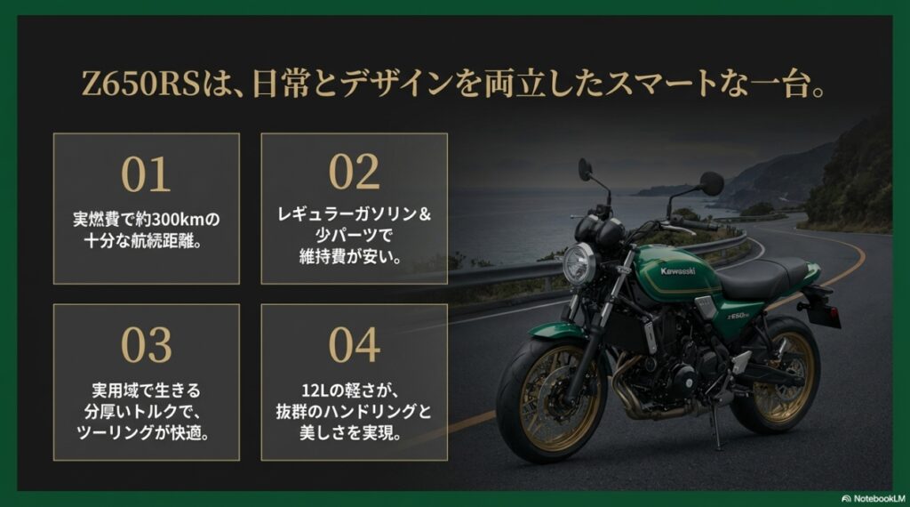 実燃費での航続距離、維持費の安さ、ツーリングの快適さ、軽さとハンドリングの4つのメリットをまとめた総合評価