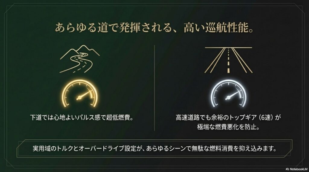 下道でのパルス感による低燃費と、高速道路でのトップギア（6速）による極端な燃費悪化防止を示す図解