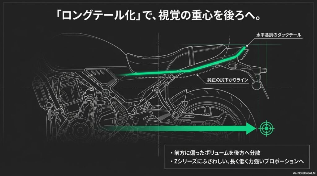 純正の尻下がりラインから水平基調のダックテールへの変化