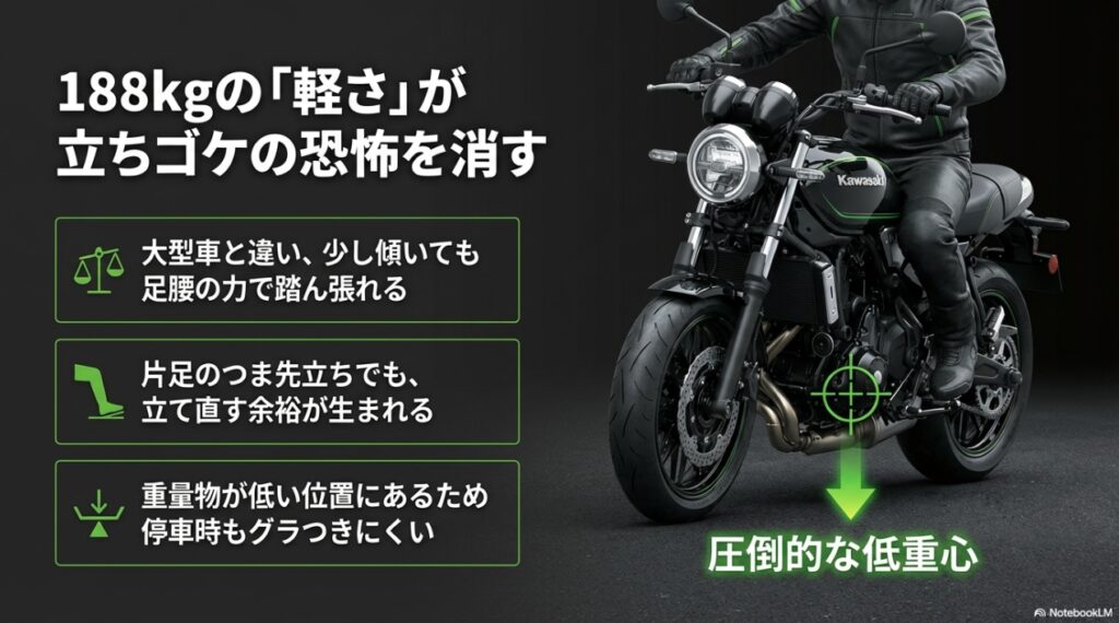 Z650RSのシートが抱えるリアルな実態!足つきの不安と痛みを解消する完全ガイド Z650RSの188kgという軽量な車体と低い重心位置を示す図