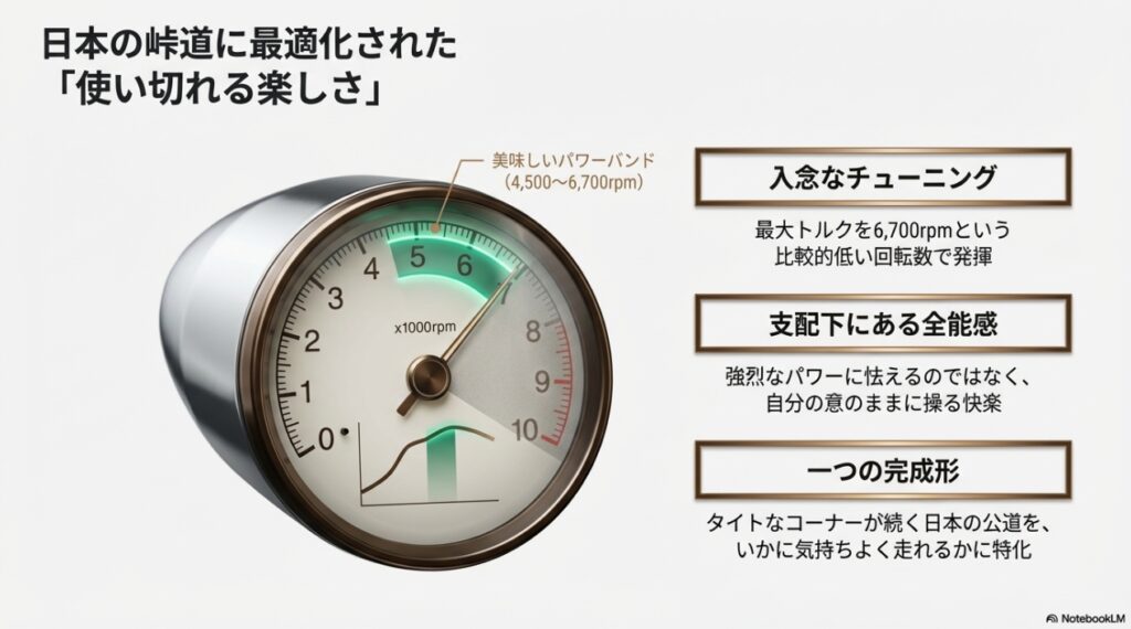 最大トルクを6,700rpmで発揮する入念なチューニング。強烈なパワーに怯えず日本の公道で支配下にある全能感を味わえる
