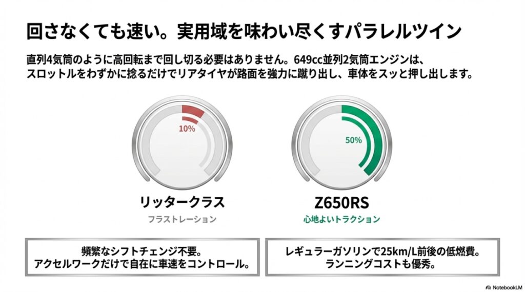 高回転まで回さなくても低中速で力強いトルクを発生し、心地よいトラクションと低燃費を実現する649cc並列2気筒エンジン