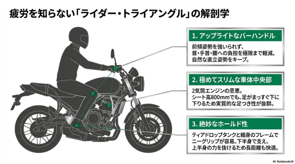 アップライトなバーハンドル、スリムな車体中央部、絶妙なホールド性からなるZ650RSのライダートライアングル
