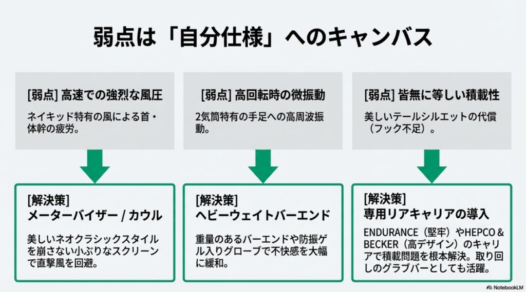 高速での風圧、高回転時の微振動、積載性の低さといったZ650RSの弱点と、スクリーンやキャリアなどのカスタムによる解決策