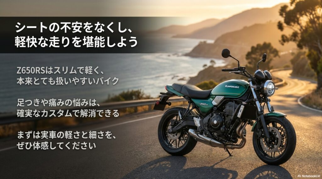 Z650RSのシートが抱えるリアルな実態!足つきの不安と痛みを解消する完全ガイド シートの不安を解消してZ650RSの軽快な走りを楽しむメッセージ図