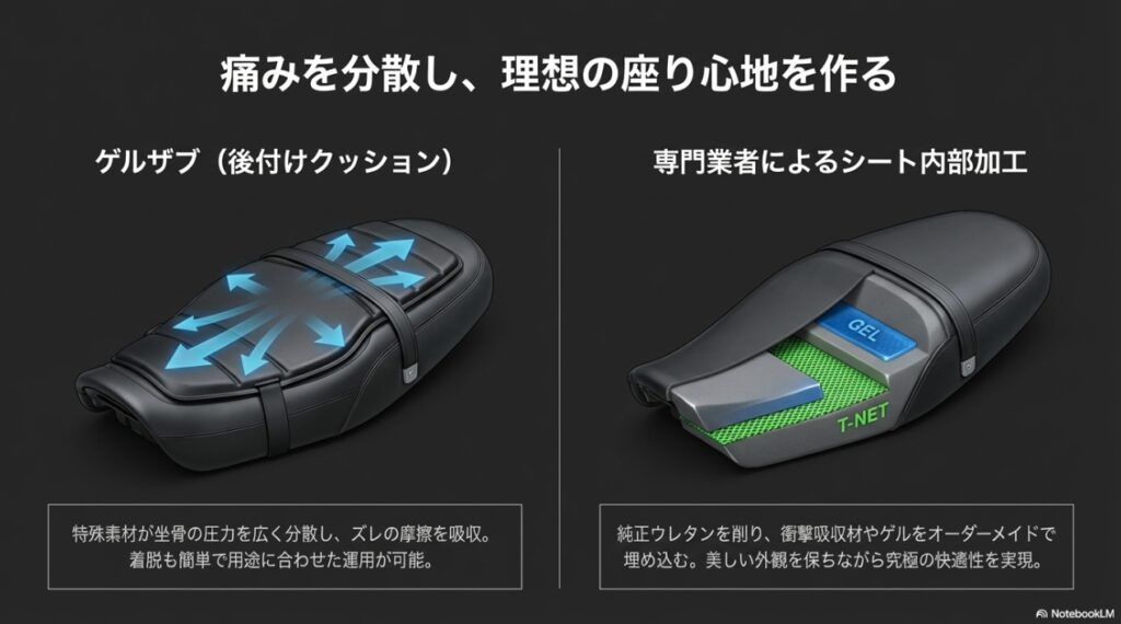 Z650RSのシートが抱えるリアルな実態!足つきの不安と痛みを解消する完全ガイド ゲルザブによる体圧分散と、専門業者によるT-NETやゲルを埋め込むシート加工のイメージ図
