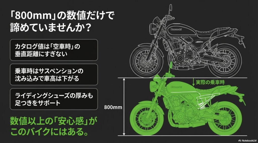 Z650RSのシートが抱えるリアルな実態!足つきの不安と痛みを解消する完全ガイド Z650RSの空車時シート高800mmと乗車時のサスペンション沈み込みを比較した図解