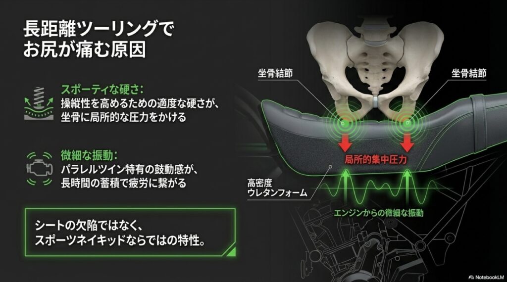 Z650RSのシートが抱えるリアルな実態!足つきの不安と痛みを解消する完全ガイド Z650RSの硬めのウレタンフォームによる坐骨への局所的な圧力とエンジンからの微細な振動を示す図解