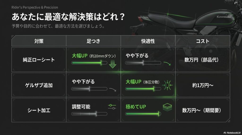 Z650RSのシートが抱えるリアルな実態!足つきの不安と痛みを解消する完全ガイド 純正ローシート、ゲルザブ、シート加工の3つの対策における足つき・快適性・コストの比較表