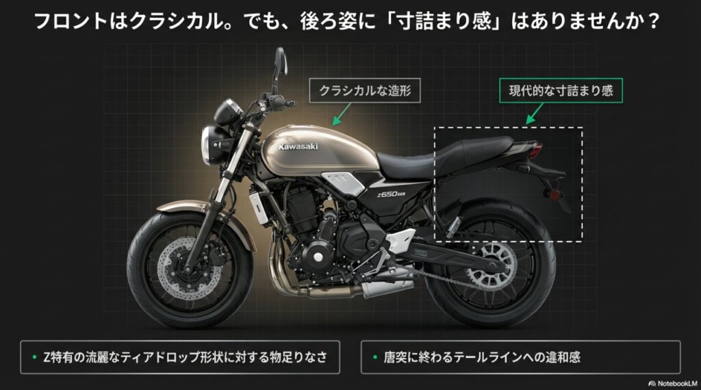 Z650RSのフロントのクラシカルな造形とリアの現代的な寸詰まり感の比較