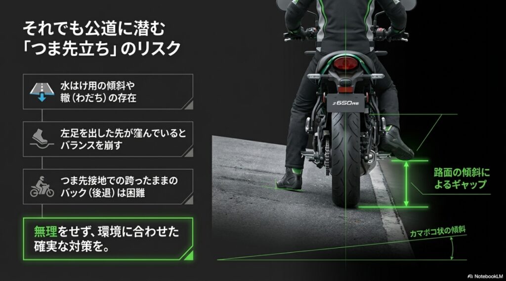 Z650RSのシートが抱えるリアルな実態!足つきの不安と痛みを解消する完全ガイド 公道での水はけ用傾斜や轍など、つま先立ちで停車する際のリスクを図解