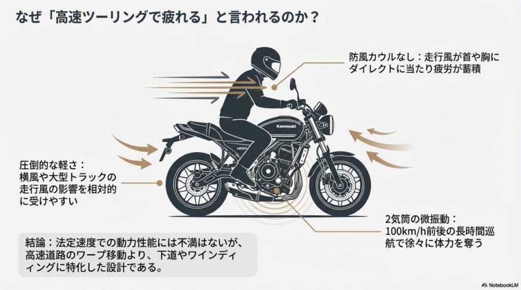 Z650RSが高速ツーリングで疲れる理由。防風カウルなし、圧倒的な軽さによる横風の影響、2気筒特有の微振動