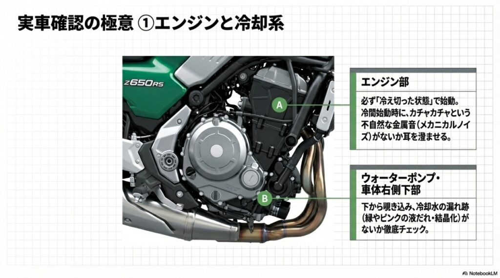 Z650RS実車確認のポイントである冷間時始動の異音とウォーターポンプの漏れチェック