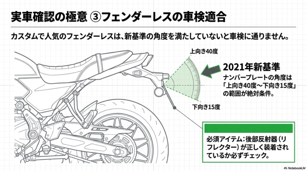 2021年新基準のナンバープレート角度（上向き40度〜下向き15度）とリフレクターの確認