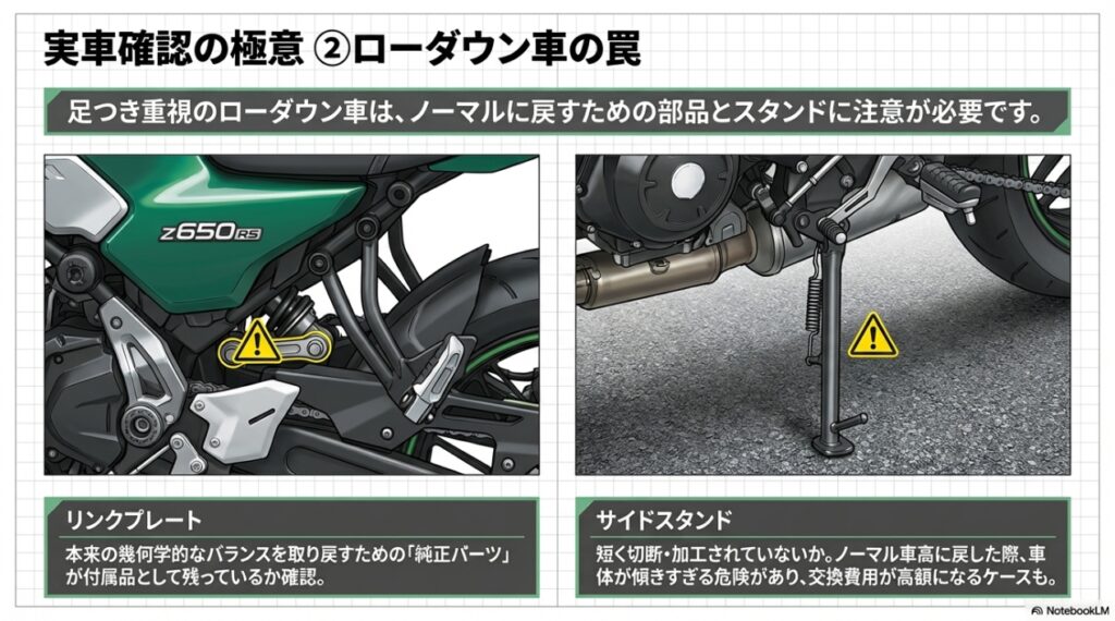 ローダウン車における純正リンクプレートの有無とサイドスタンド加工の注意点