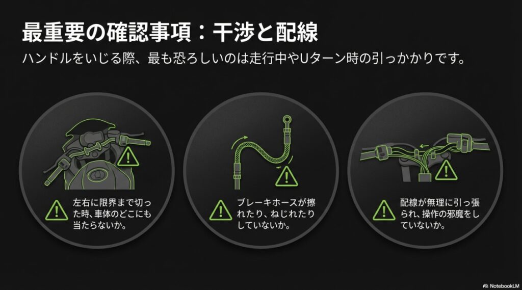 ZX-6Rのアップハンドル化はアリ?段階別のやり方と干渉・ホース・車検の注意点 左右フルロック干渉、ブレーキホースの擦れやねじれ、配線の引っ張りを点検する要点図