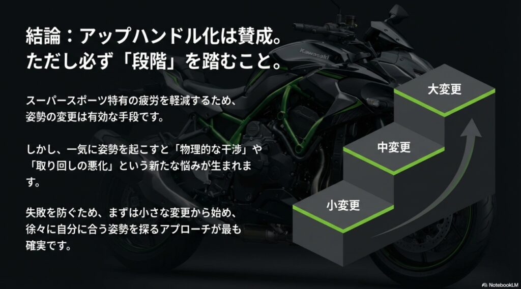 ZX-6Rのアップハンドル化はアリ?段階別のやり方と干渉・ホース・車検の注意点 アップハンドル化は賛成だが小変更・中変更・大変更の段階を踏むべきという要点